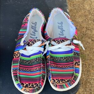 Gypsy Jazz Blue and Green Flats with Tribal Patterns